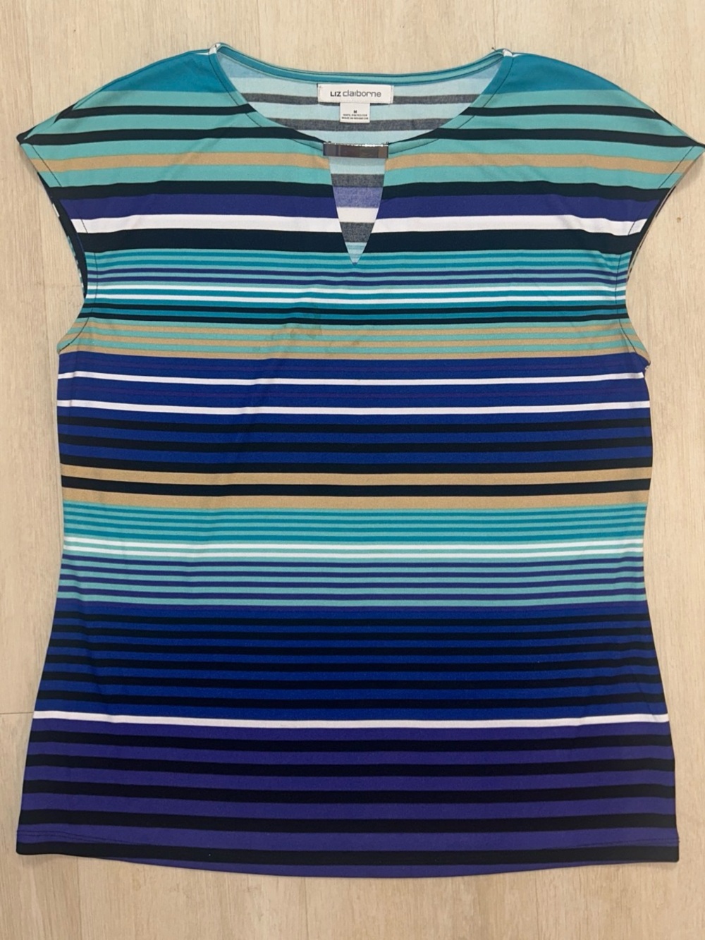 Liz Claiborne Turquoise Blue Navy Striped Keyhole Tank Top